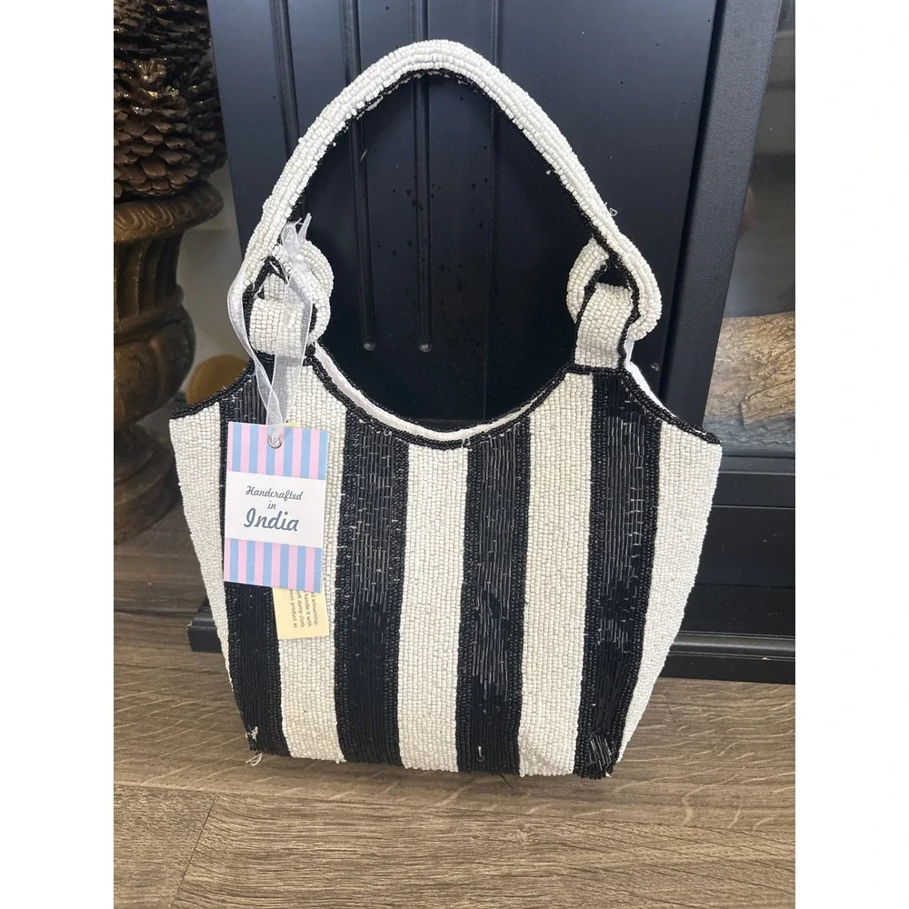 Handcrafted Beaded Black & White Striped Mini HandBag India NWT TikTok Viral